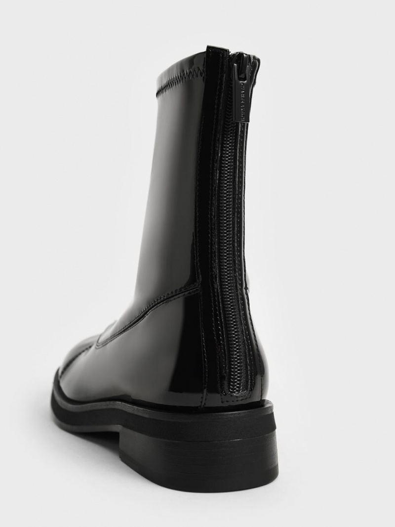 Botine Charles & Keith Lacuita Round Bombeu Zip-Up Negrii | 485KPERFG