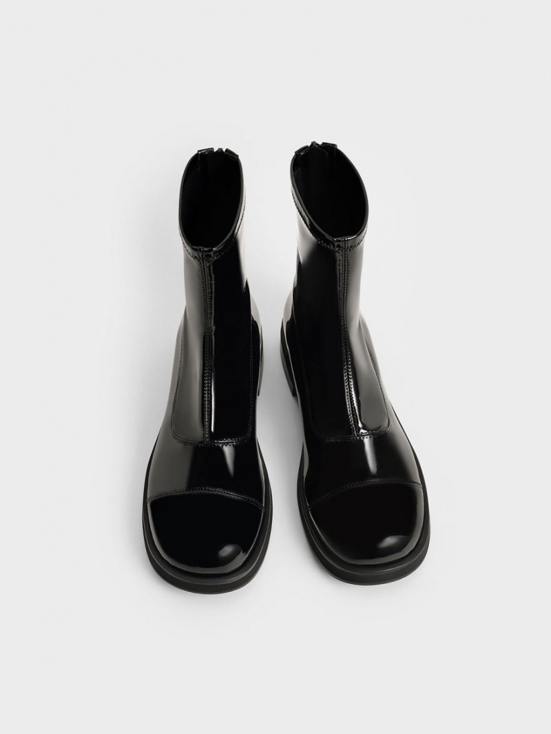 Botine Charles & Keith Lacuita Round Bombeu Zip-Up Negrii | 485KPERFG