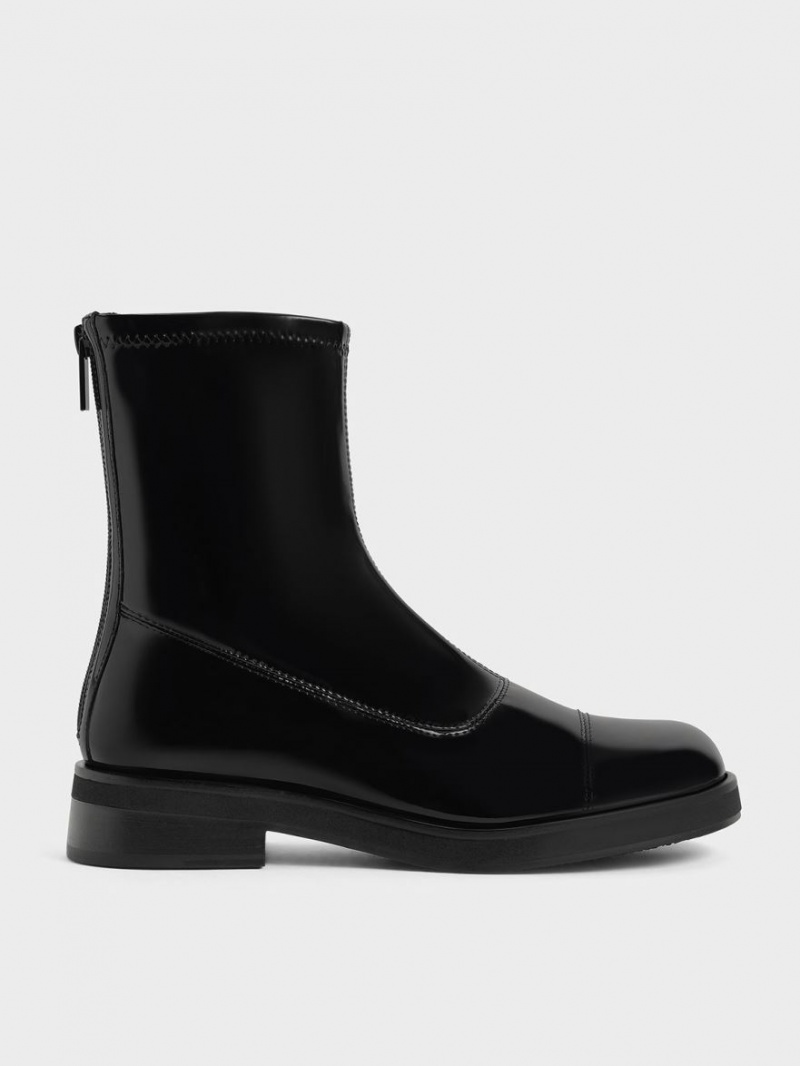 Botine Charles & Keith Lacuita Round Bombeu Zip-Up Negrii | 485KPERFG