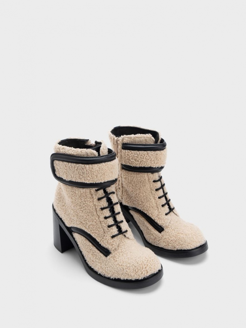Botine Charles & Keith Rosalie Furry Piele Bej | 691JSTVLQ