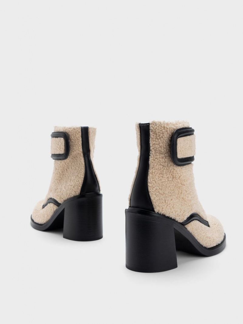 Botine Charles & Keith Rosalie Furry Piele Bej | 691JSTVLQ