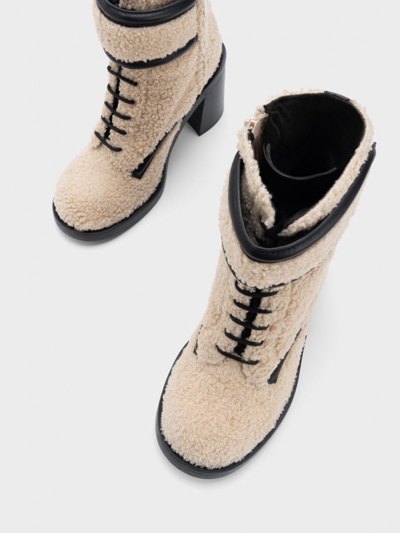 Botine Charles & Keith Rosalie Furry Piele Bej | 691JSTVLQ