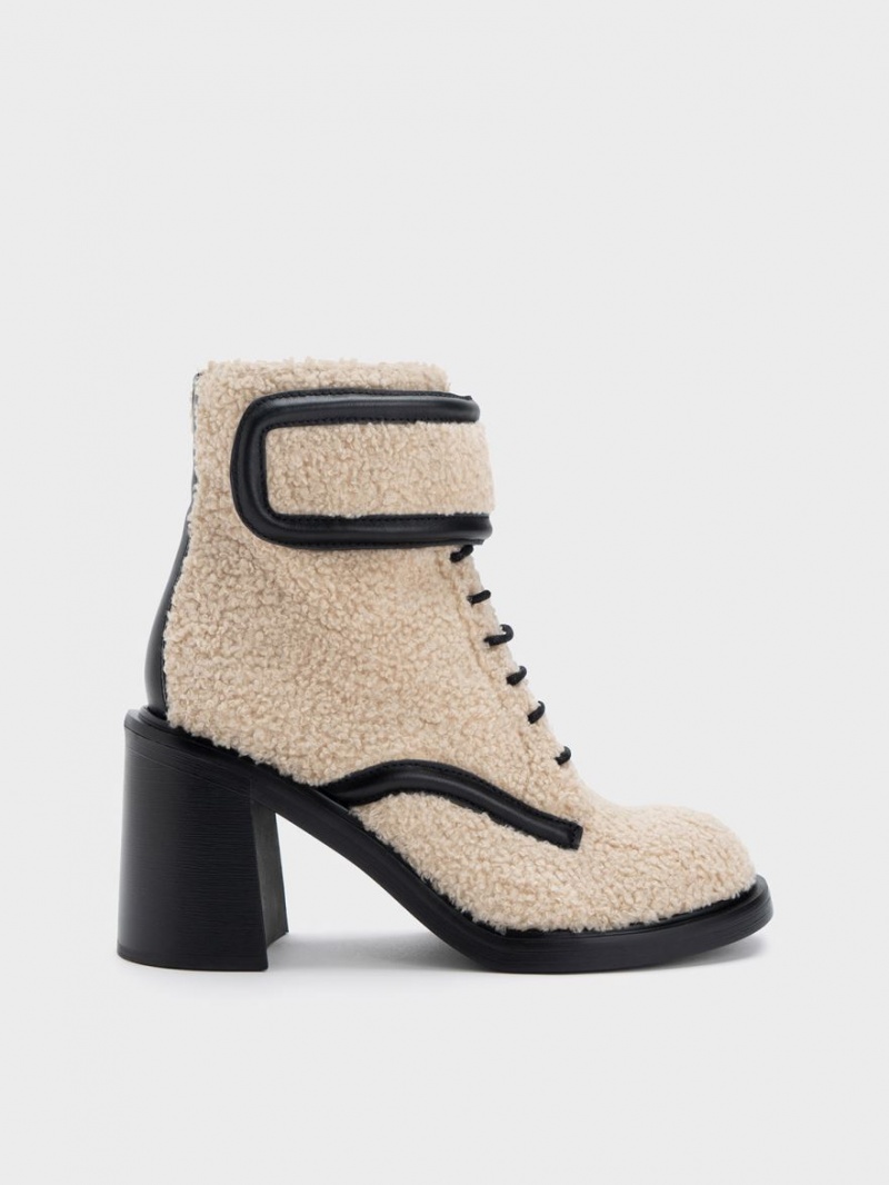 Botine Charles & Keith Rosalie Furry Piele Bej | 691JSTVLQ