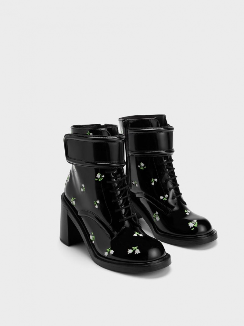 Botine Charles & Keith Rosalie Piele Floral Negrii | 791UKFYSX