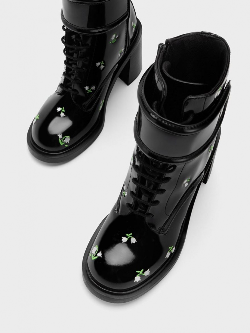 Botine Charles & Keith Rosalie Piele Floral Negrii | 791UKFYSX