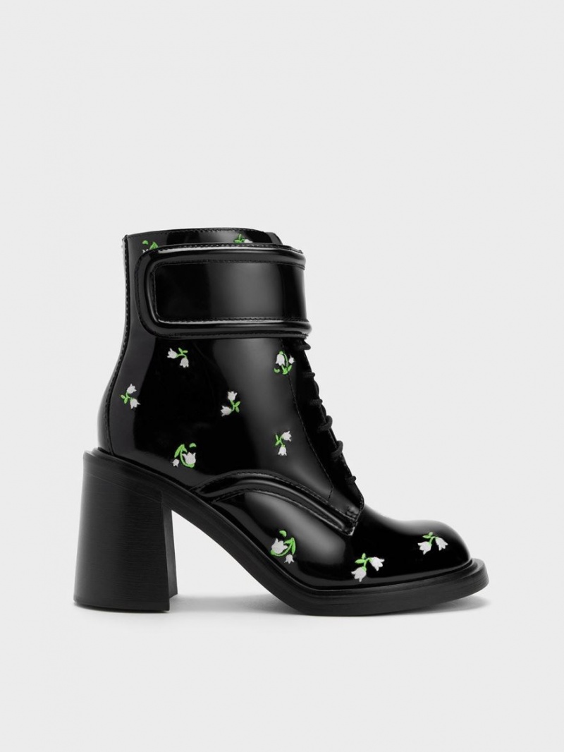 Botine Charles & Keith Rosalie Piele Floral Negrii | 791UKFYSX