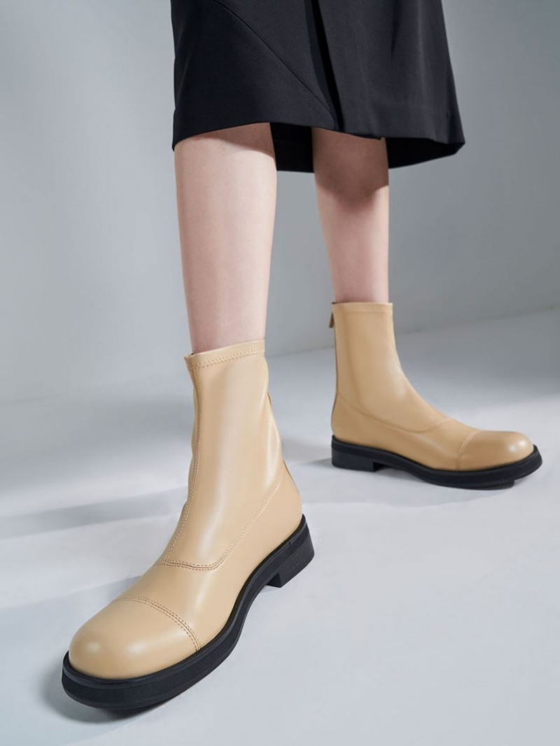 Botine Charles & Keith Round Bombeu Zip-Up Bej | 439GSQXUI