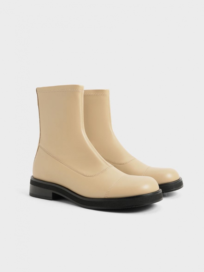 Botine Charles & Keith Round Bombeu Zip-Up Bej | 439GSQXUI