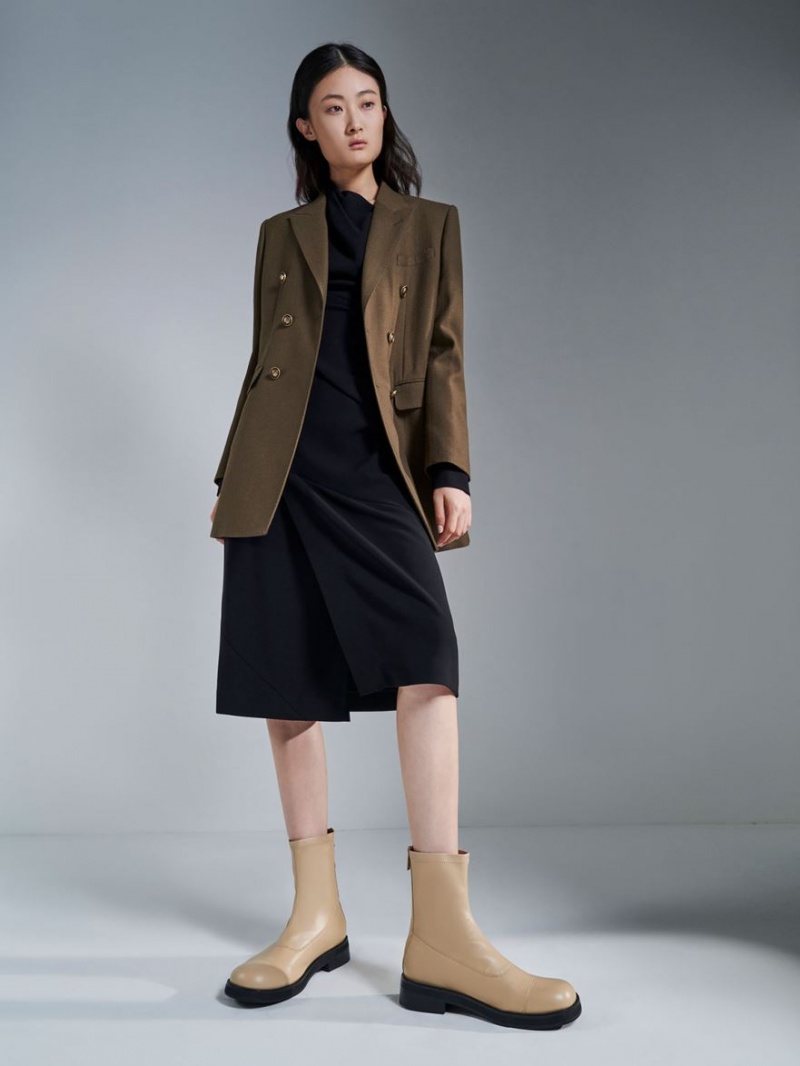 Botine Charles & Keith Round Bombeu Zip-Up Bej | 439GSQXUI