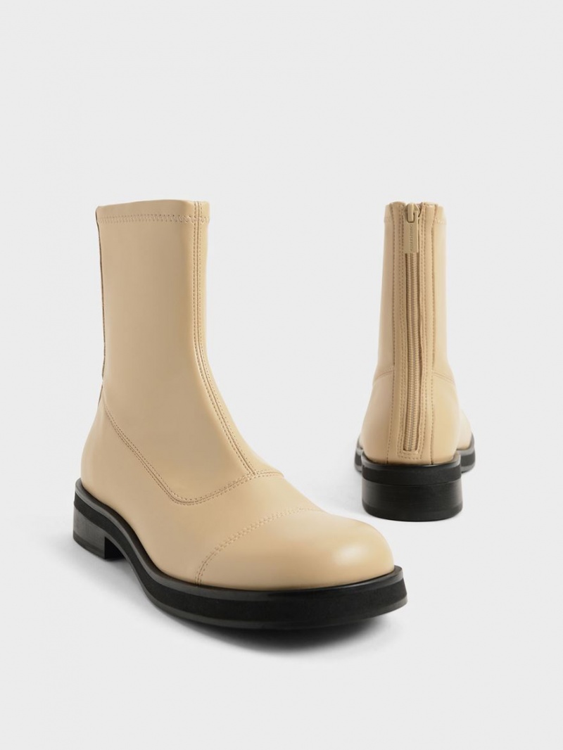 Botine Charles & Keith Round Bombeu Zip-Up Bej | 439GSQXUI