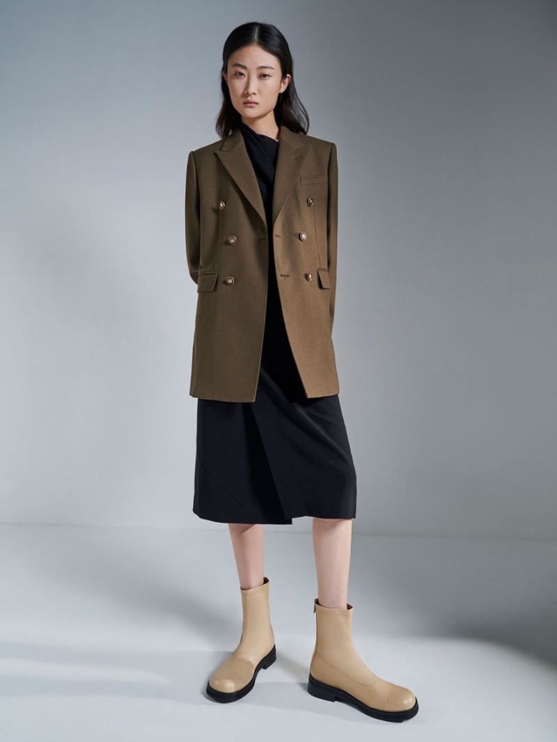 Botine Charles & Keith Round Bombeu Zip-Up Bej | 439GSQXUI