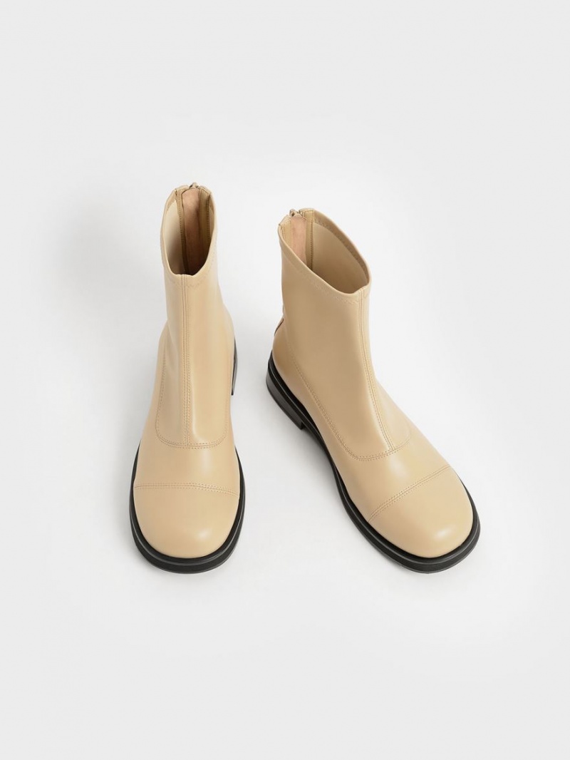 Botine Charles & Keith Round Bombeu Zip-Up Bej | 439GSQXUI