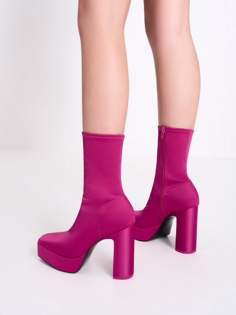 Botine Charles & Keith Satin Platforma Block Heel Fucsie | 485ZYAKNB