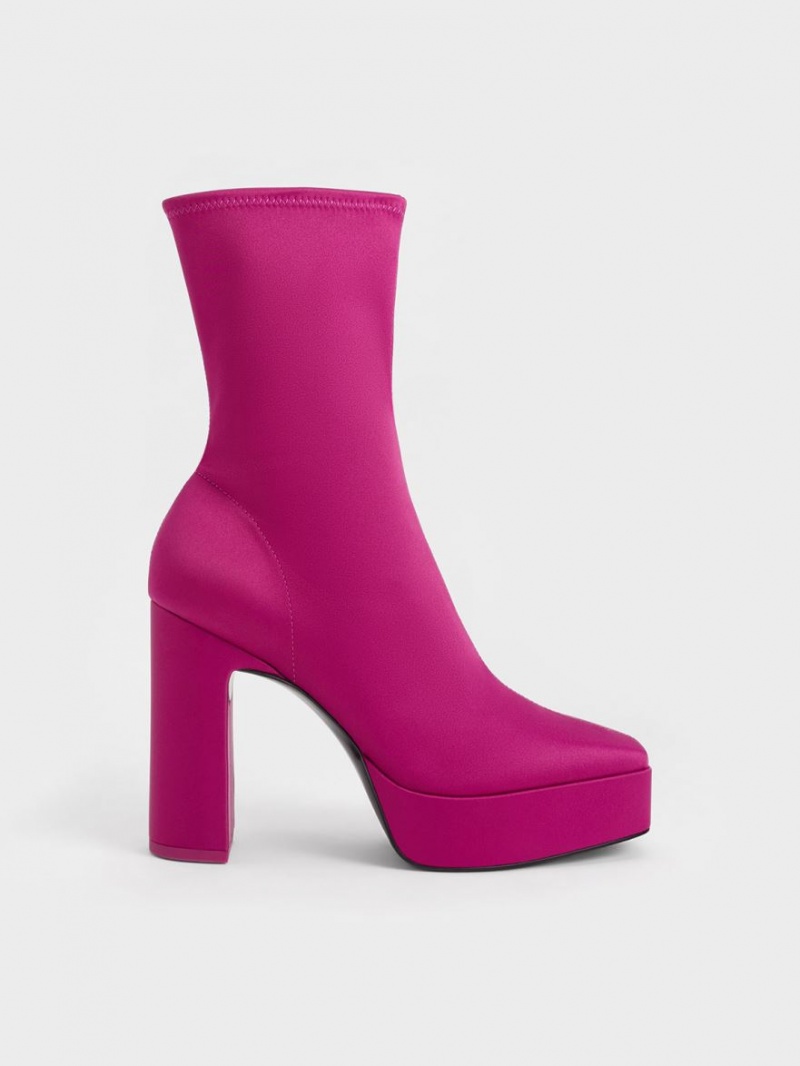 Botine Charles & Keith Satin Platforma Block Heel Fucsie | 485ZYAKNB