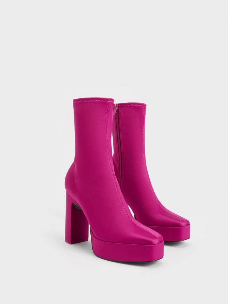 Botine Charles & Keith Satin Platforma Block Heel Fucsie | 485ZYAKNB