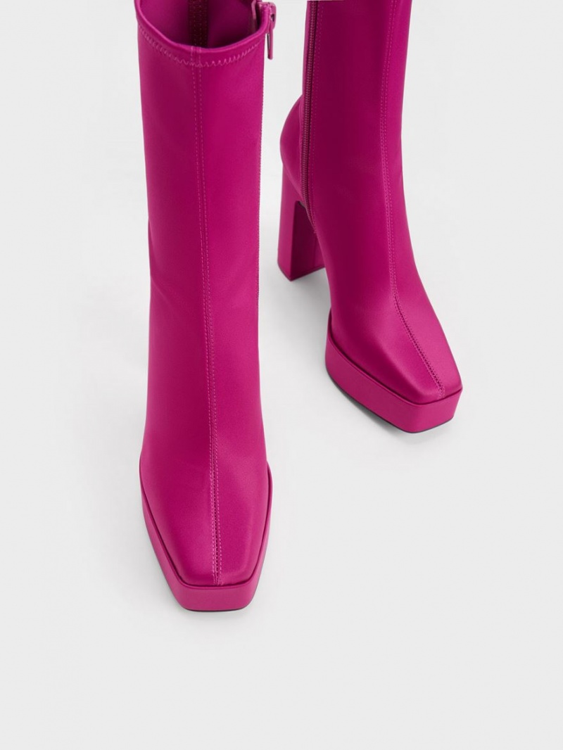 Botine Charles & Keith Satin Platforma Block Heel Fucsie | 485ZYAKNB