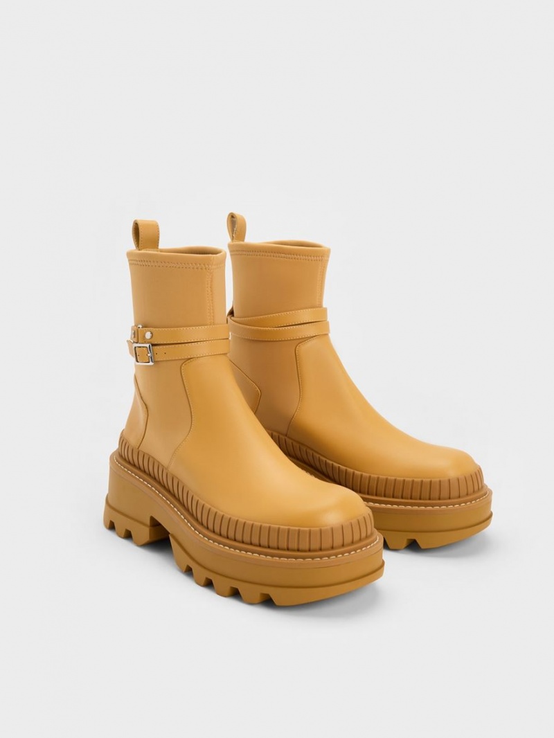 Botine Charles & Keith Slip-On Platforma Muștar | 123ZWBTOD