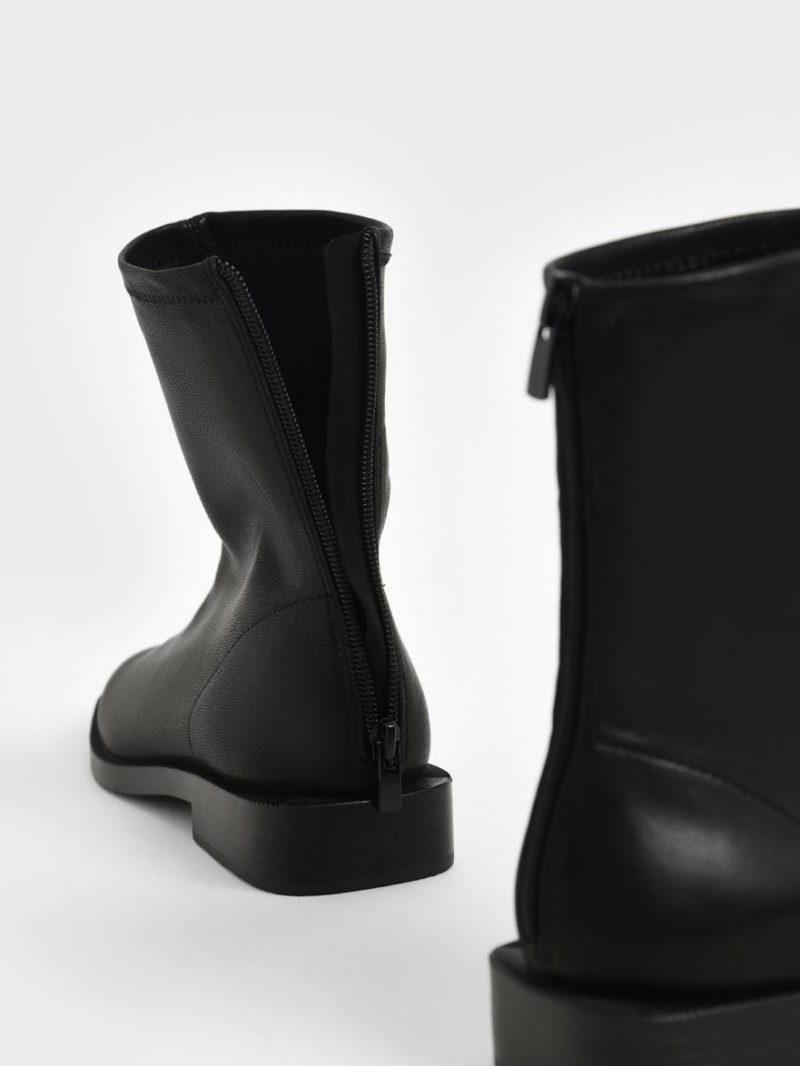 Botine Charles & Keith Square Bombeu Zip-Up Negrii | 458ERKXUG