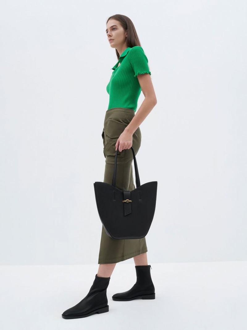Botine Charles & Keith Square Bombeu Zip-Up Negrii | 458ERKXUG