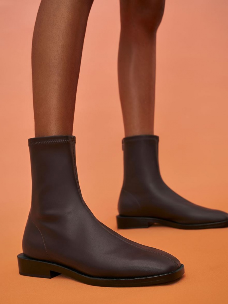 Botine Charles & Keith Square Bombeu Zip-Up Maro Inchis | 291KNRXEI