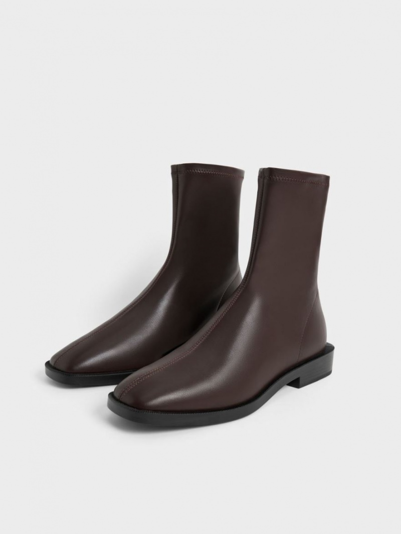 Botine Charles & Keith Square Bombeu Zip-Up Maro Inchis | 291KNRXEI