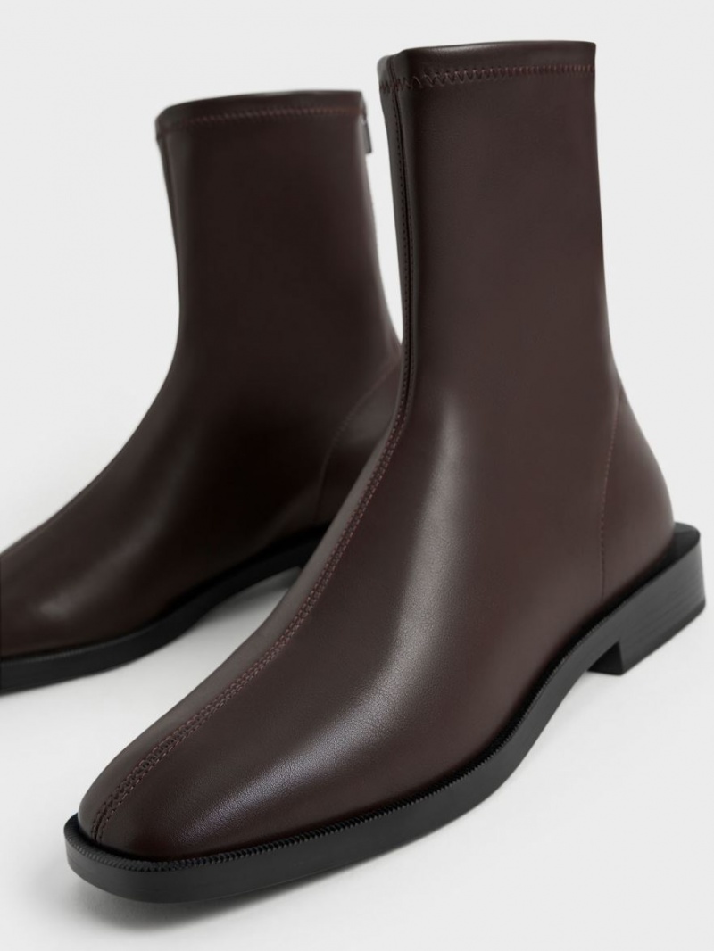 Botine Charles & Keith Square Bombeu Zip-Up Maro Inchis | 291KNRXEI