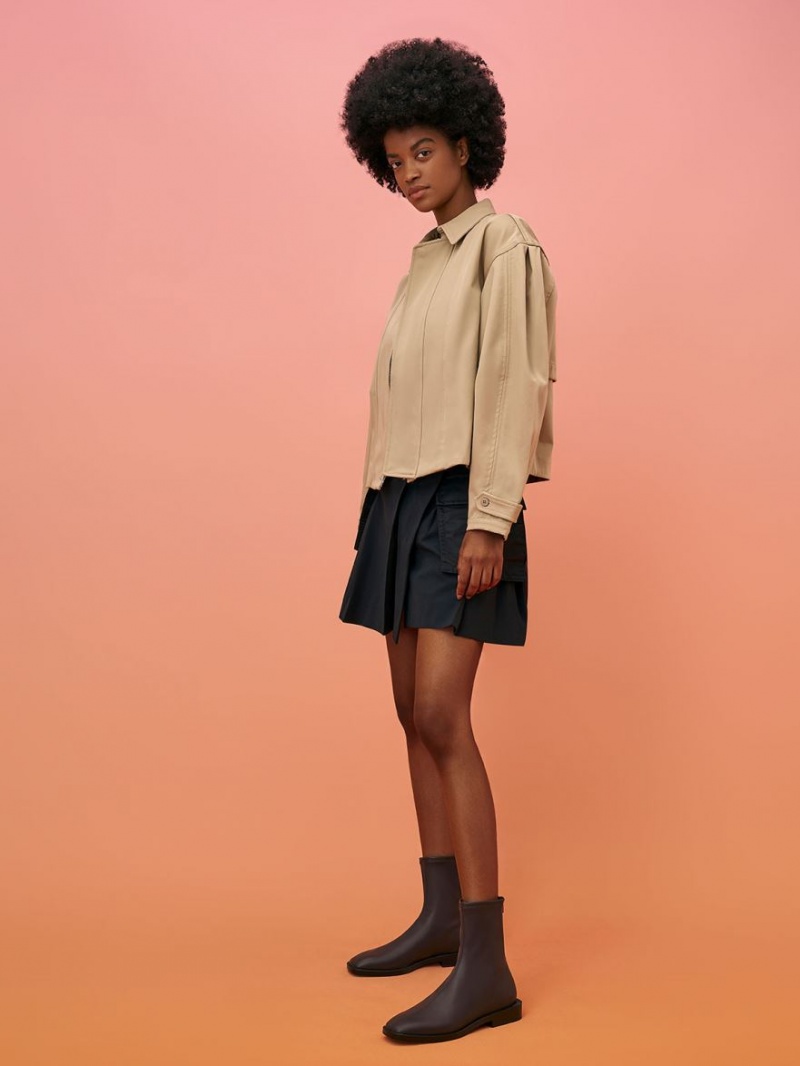 Botine Charles & Keith Square Bombeu Zip-Up Maro Inchis | 291KNRXEI