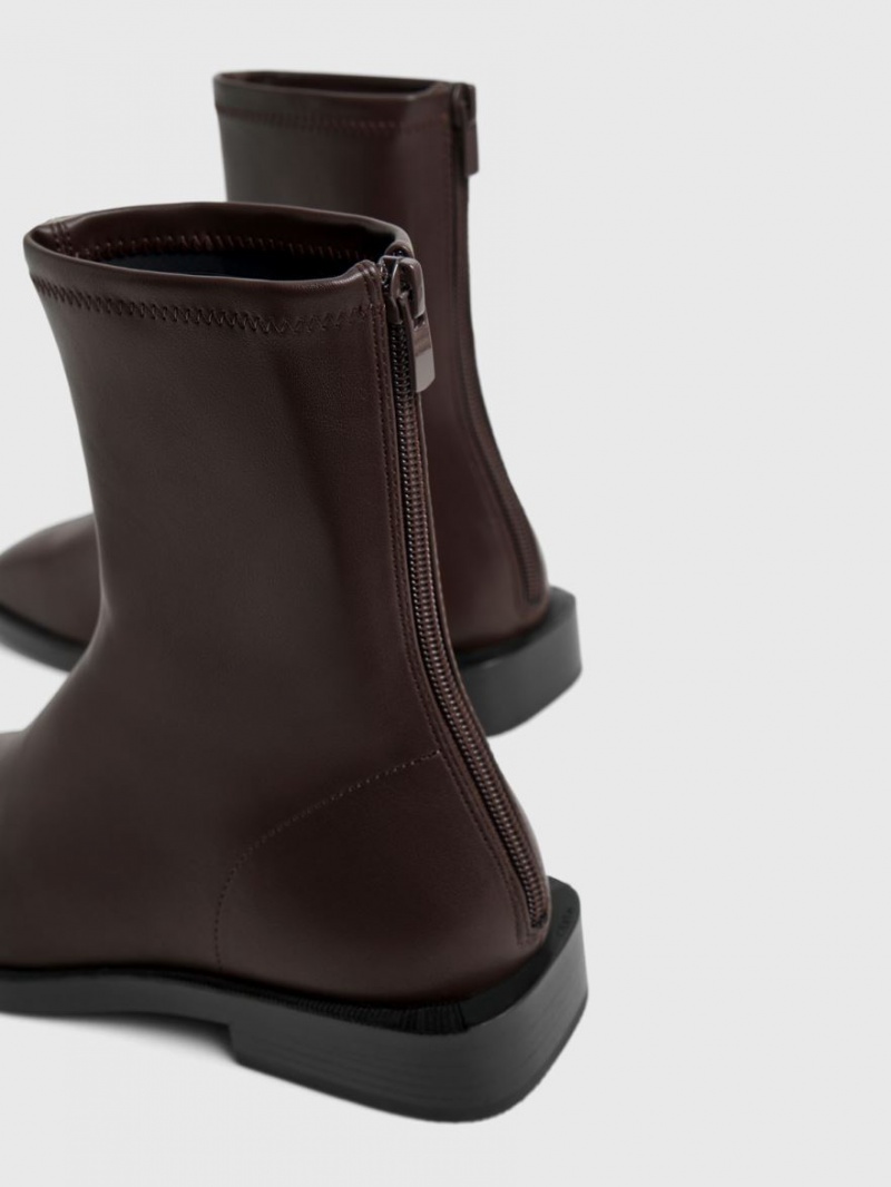 Botine Charles & Keith Square Bombeu Zip-Up Maro Inchis | 291KNRXEI