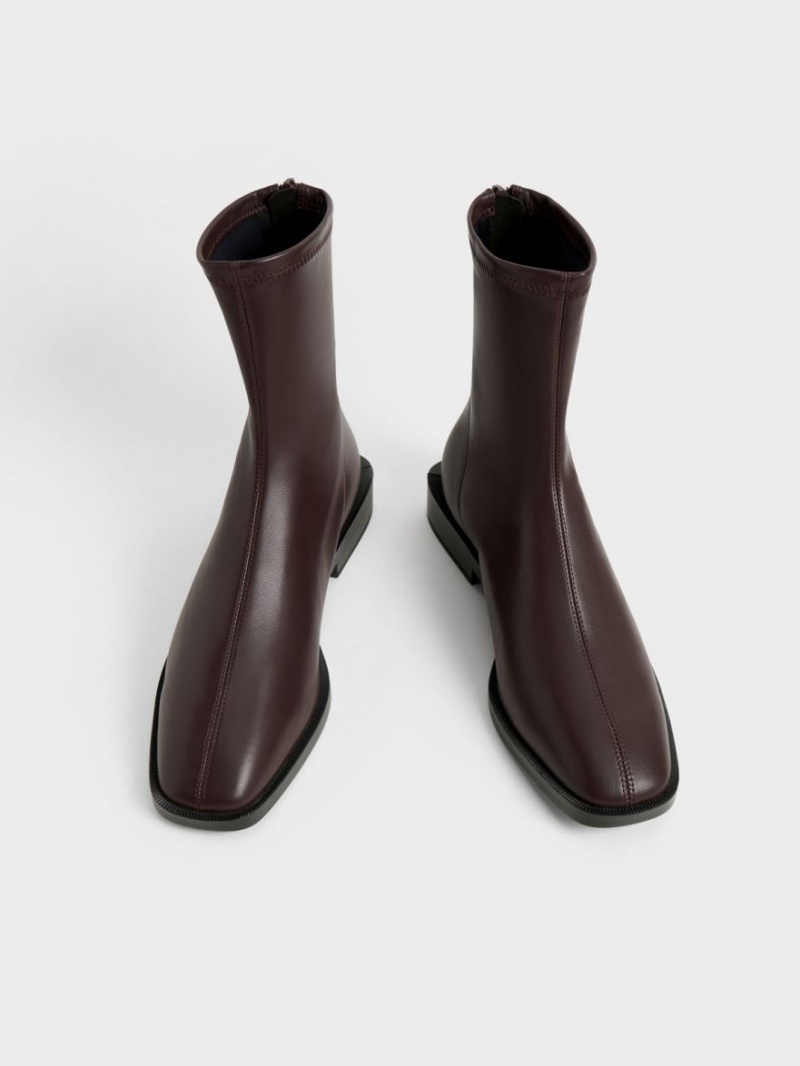 Botine Charles & Keith Square Bombeu Zip-Up Maro Inchis | 291KNRXEI
