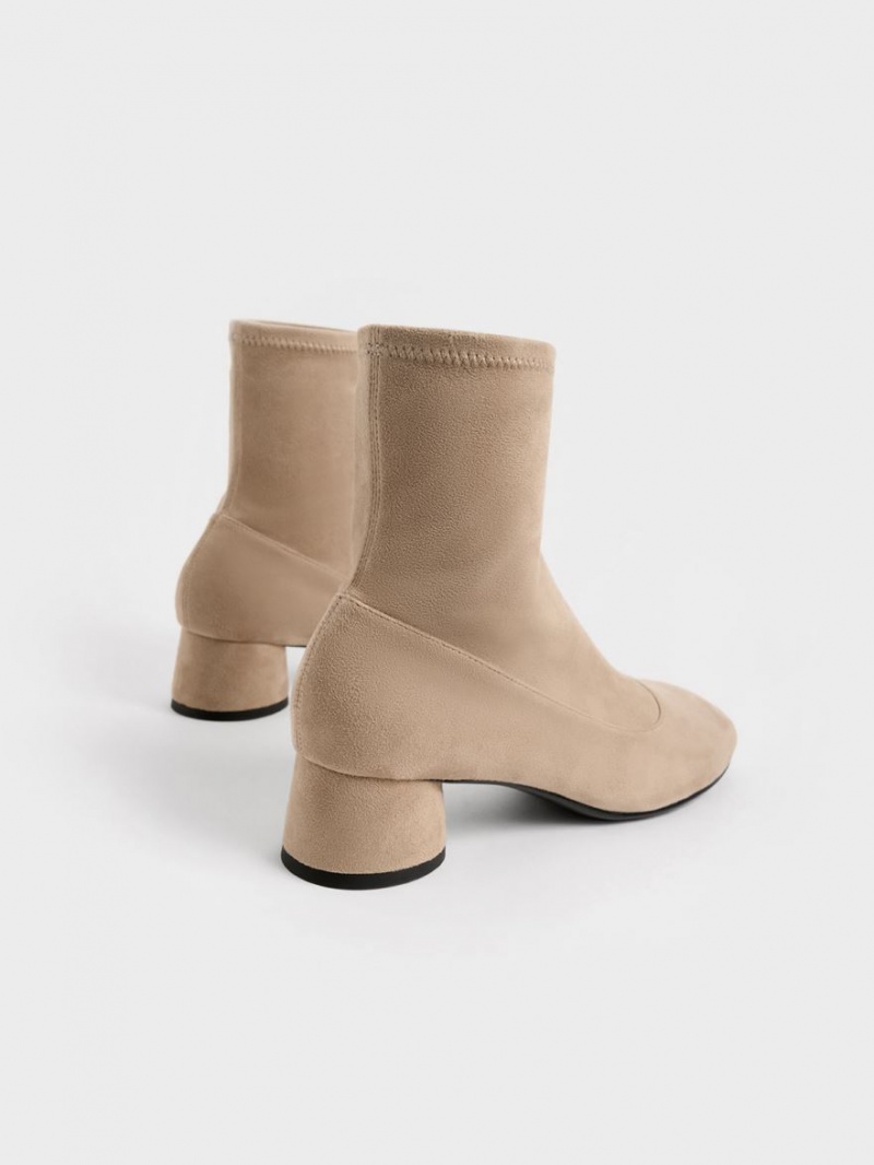 Botine Charles & Keith Textured Stitch-Trim Cylindrical Heel Bej | 834URGVMB