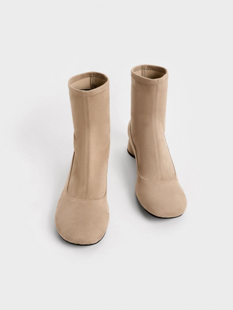 Botine Charles & Keith Textured Stitch-Trim Cylindrical Heel Bej | 834URGVMB