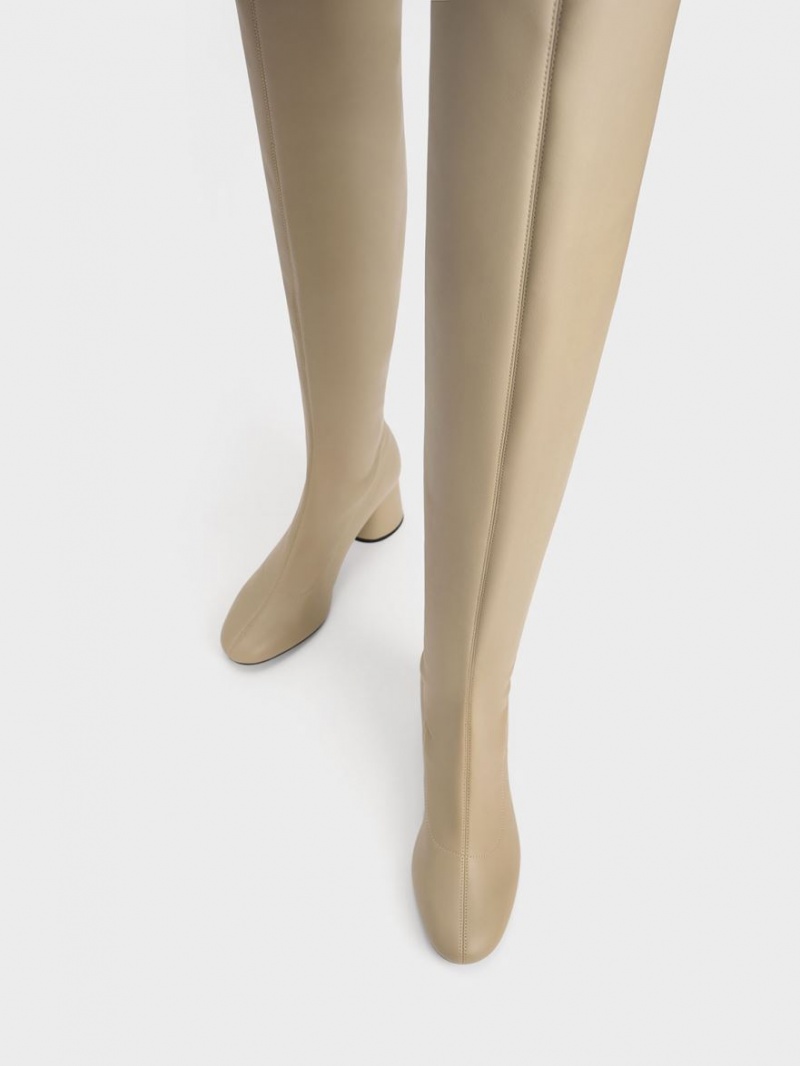 Cizme Inalte Charles & Keith Cylindrical Heel Thigh Bej | 475MCYBEV