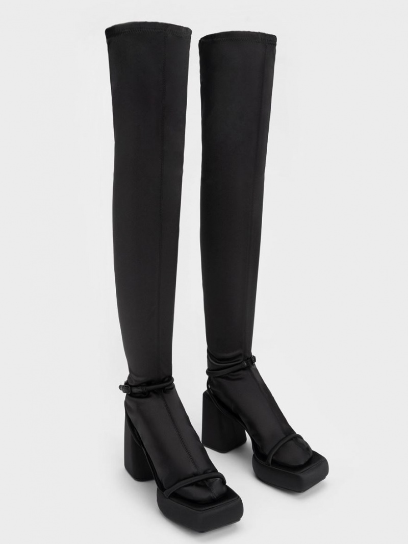 Cizme Inalte Charles & Keith Lucile Satin Thigh Negrii | 921XOBDUR