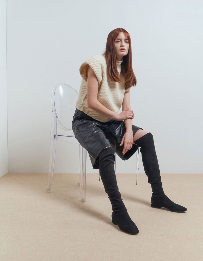 Cizme Inalte Charles & Keith Textured Thigh Negrii | 748AOEGPX