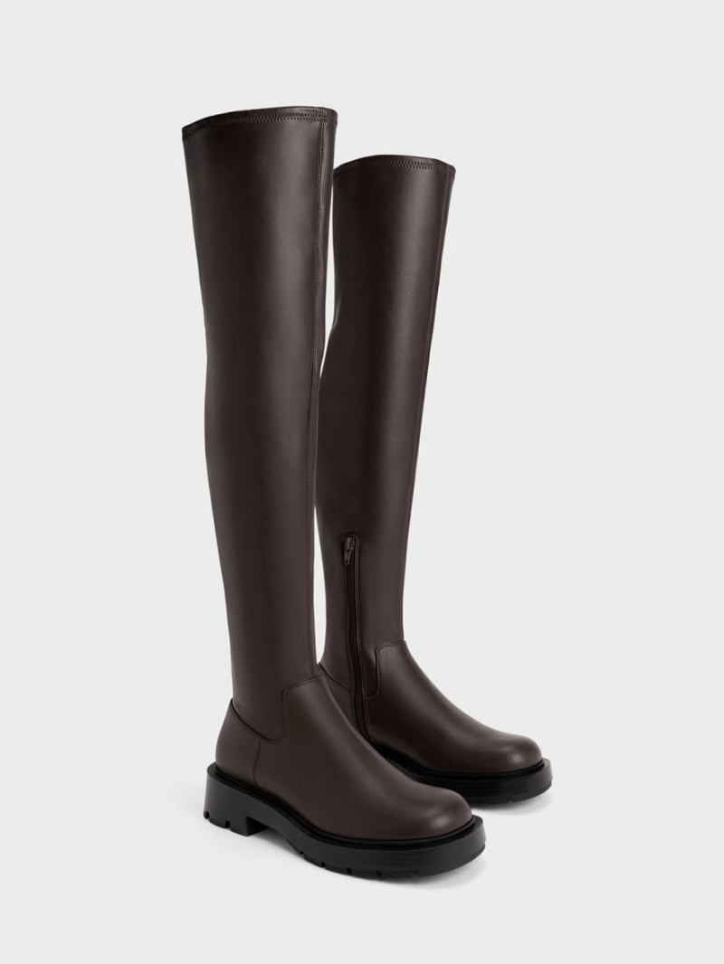 Cizme Inalte Charles & Keith Zip-Up Thigh Maro Inchis | 312MUAZNO