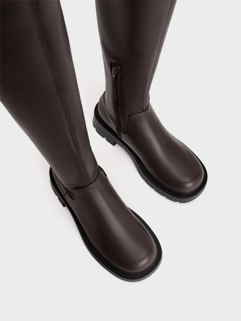 Cizme Inalte Charles & Keith Zip-Up Thigh Maro Inchis | 312MUAZNO