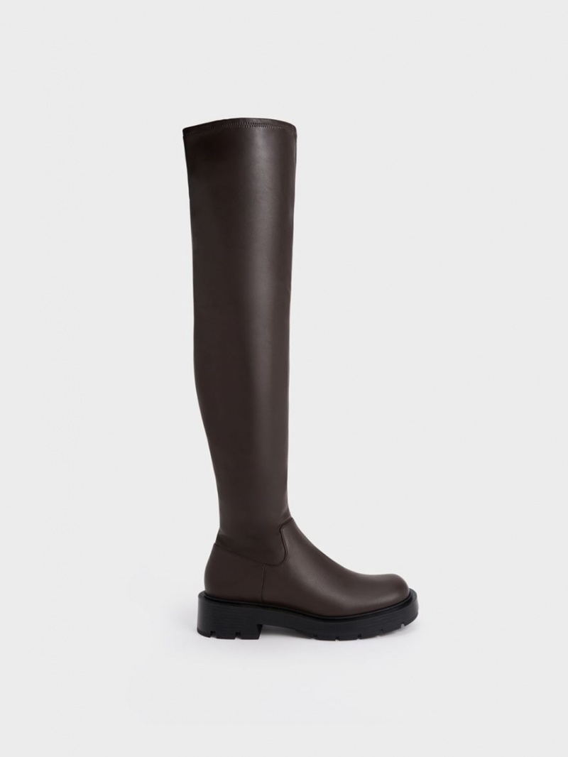 Cizme Inalte Charles & Keith Zip-Up Thigh Maro Inchis | 312MUAZNO