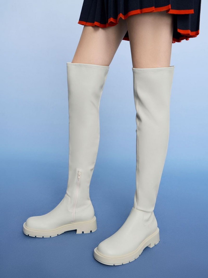Cizme Inalte Charles & Keith Zip-Up Thigh Albi | 685JTHRLW