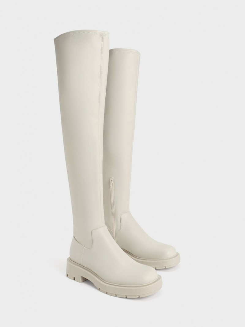 Cizme Inalte Charles & Keith Zip-Up Thigh Albi | 685JTHRLW