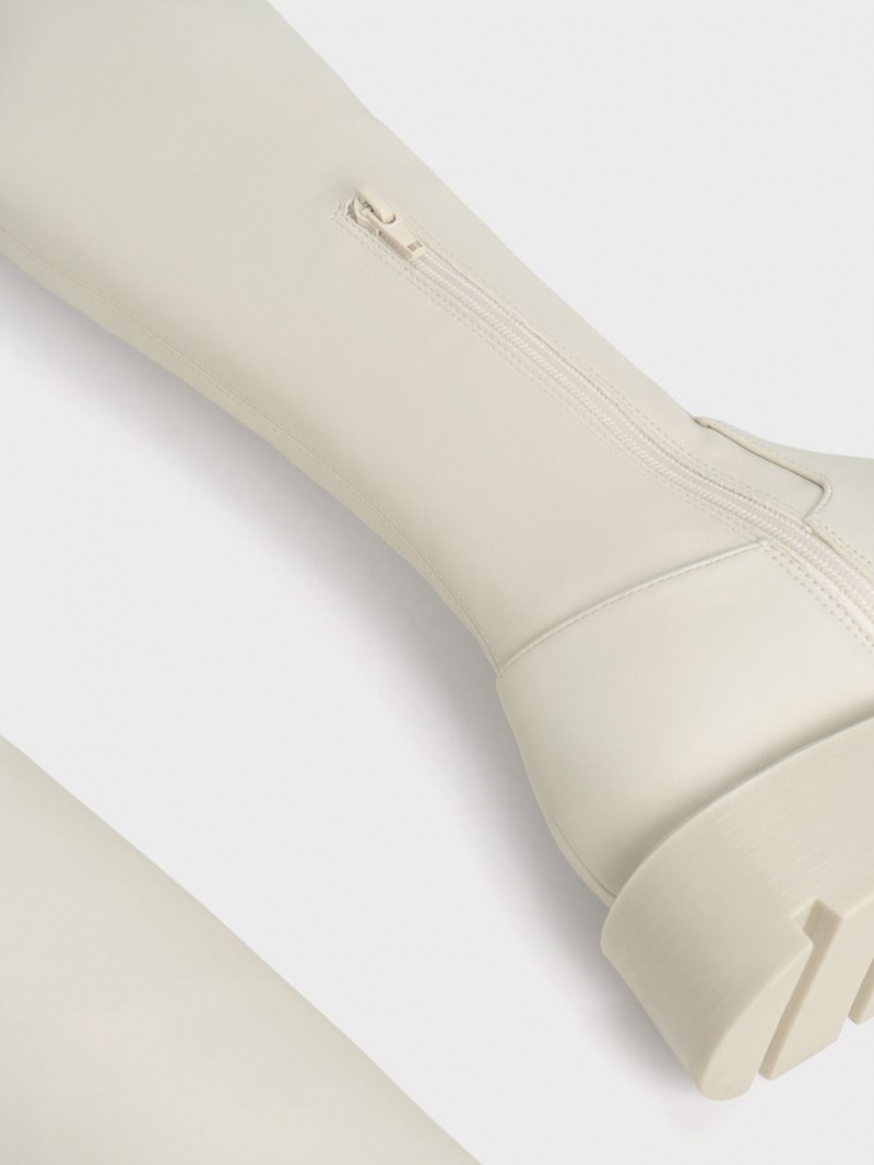 Cizme Inalte Charles & Keith Zip-Up Thigh Albi | 685JTHRLW