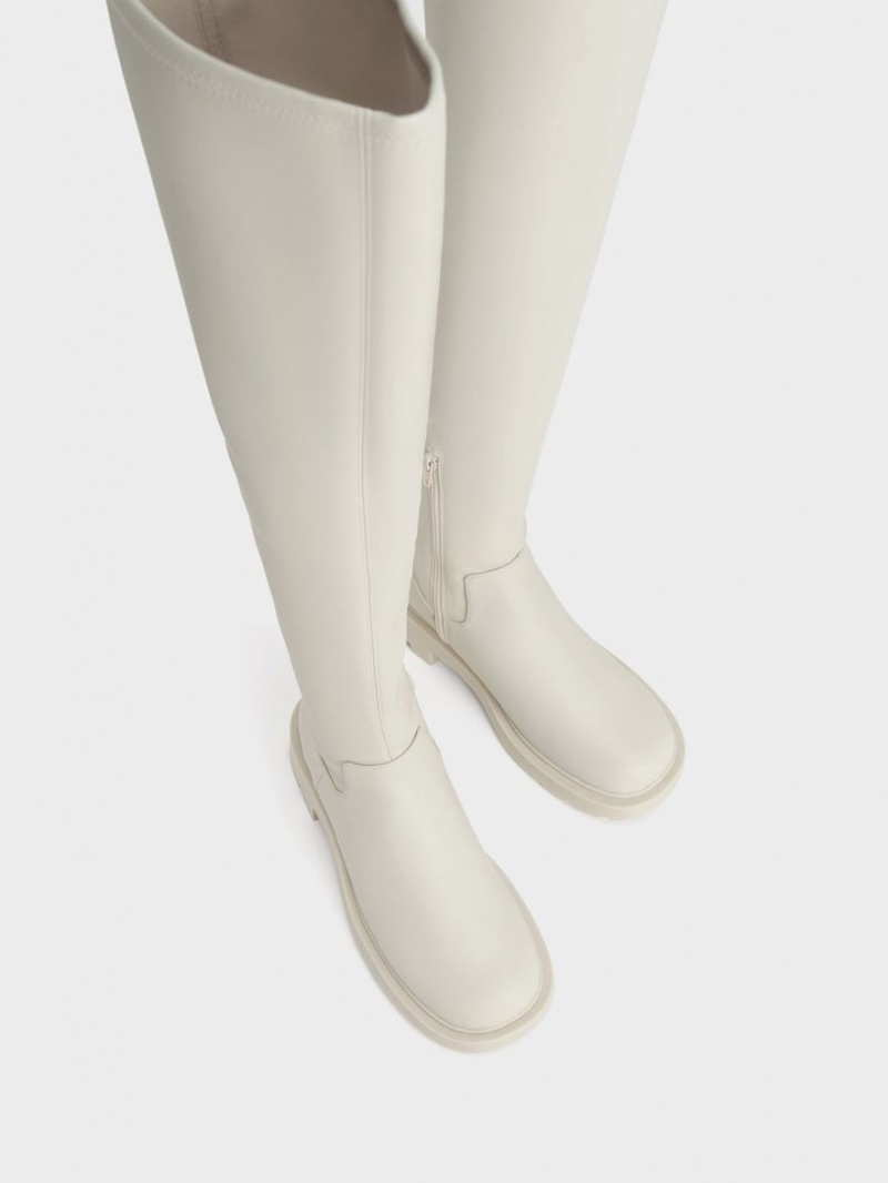 Cizme Inalte Charles & Keith Zip-Up Thigh Albi | 685JTHRLW