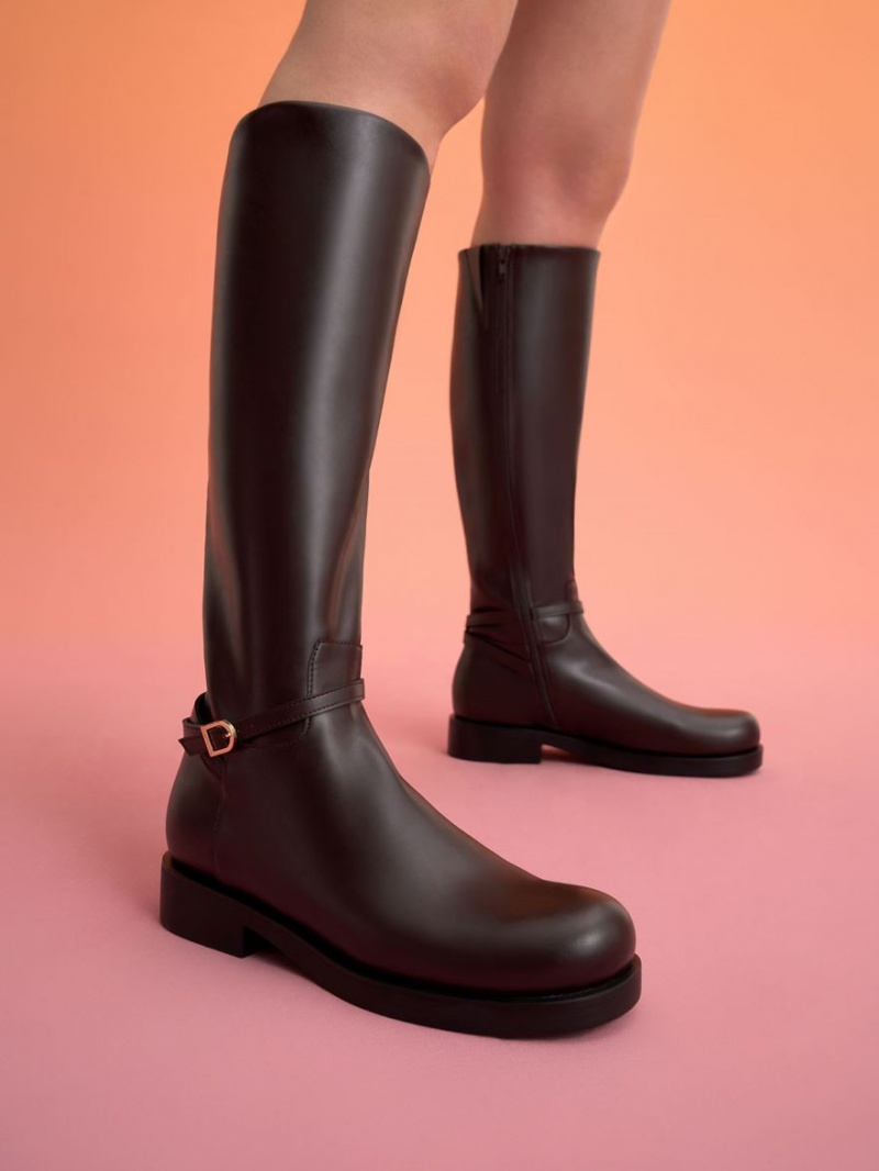 Cizme Pana La Genunchi Charles & Keith Belted Maro Inchis | 073XLUQAO