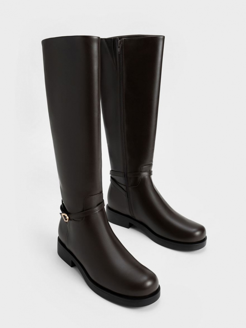 Cizme Pana La Genunchi Charles & Keith Belted Maro Inchis | 073XLUQAO