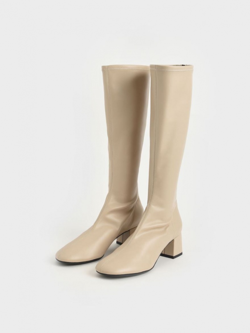 Cizme Pana La Genunchi Charles & Keith Block Heel Bej | 270CAIZBM
