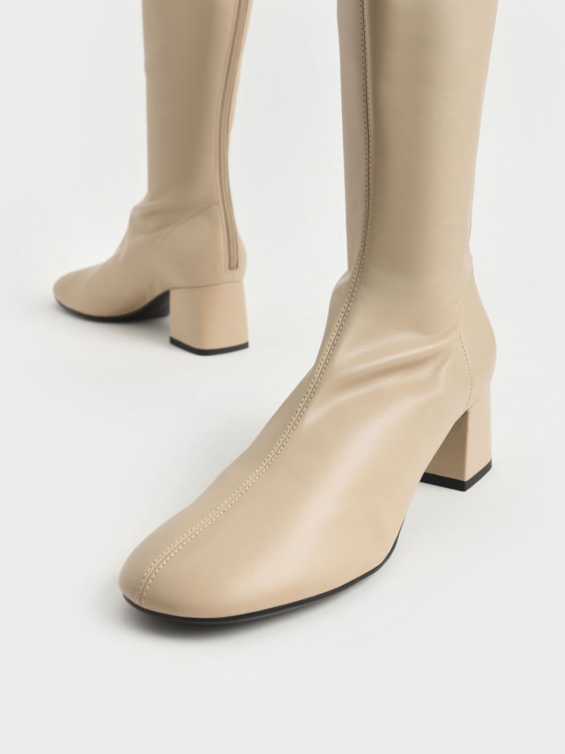 Cizme Pana La Genunchi Charles & Keith Block Heel Bej | 270CAIZBM
