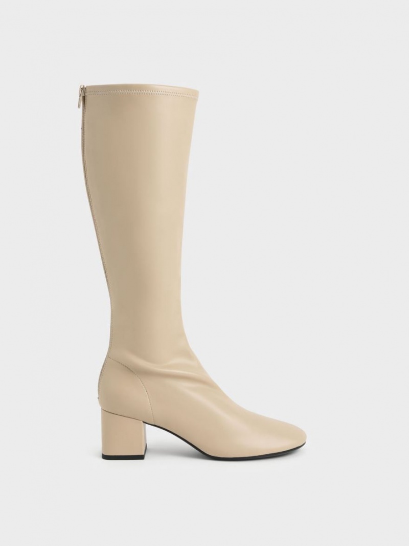 Cizme Pana La Genunchi Charles & Keith Block Heel Bej | 270CAIZBM