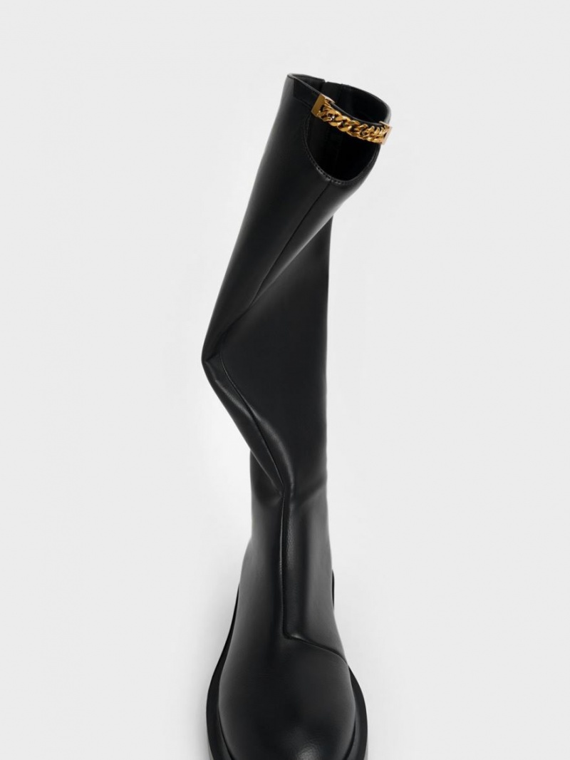 Cizme Pana La Genunchi Charles & Keith Chain-Link Cut-Out Negrii | 642XFSGCR