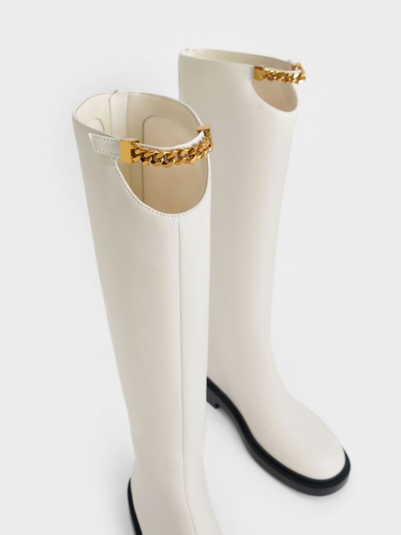 Cizme Pana La Genunchi Charles & Keith Chain-Link Cut-Out Albi | 410SBMQNR