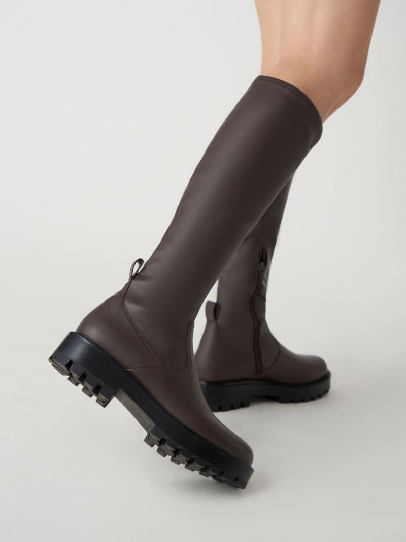 Cizme Pana La Genunchi Charles & Keith Faux Piele Maro Inchis | 720GPFCBQ