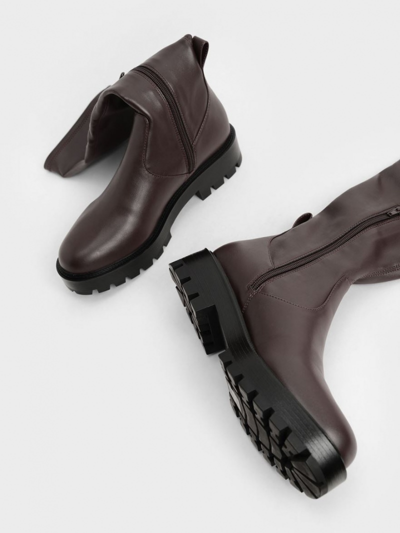 Cizme Pana La Genunchi Charles & Keith Faux Piele Maro Inchis | 720GPFCBQ